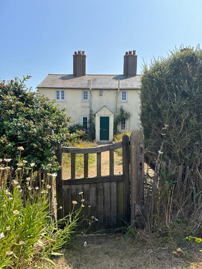 A traditional pale yellow cottage stands behind a rustic wooden gate and a hedge of greenery. The cottage has a grey slate roof with two prominent chimneys, each with three pots. There are several white-framed windows on the facade, and a dark green front door is visible under a small porch. Wild daisies and other low-lying plants grow in front of the gate, with a larger, dense green bush to the right of the scene. The sky is clear and blue. The overall impression is one of a quiet, rural setting, possibly in a coastal area given the vegetation and the clear sky. The presence of the cottage, gate, and garden suggests a residential property. No people are visible in the image. The scene appears to be a static, outdoor environment. The location is in Seaford, United Kingdom.