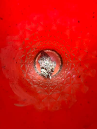 A single, dried cannabis bud rests at the bottom of a cylindrical container, observed from a top-down perspective in Hofit, Israel. The container is predominantly red, featuring a translucent or opaque material, likely plastic or glass. Its interior wall exhibits a repeating geometric, faceted pattern, resembling a starburst or diamond cut design, particularly visible around the lower and mid-sections. A distinct circular indentation or well is present at the center of the container's base, where the cannabis bud is positioned. This circular area displays dark brown to black residue or discoloration. The cannabis bud itself is compact, exhibiting green, purple, and crystalline white hues from trichomes, with a small stem visible at its base. Scattered dark specks, consistent with dust or particulate matter, are visible on the red interior surface. No human subjects or active interactions are depicted. The environment is confined to the immediate interior of the container.