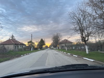 The image depicts a view from inside a vehicle driving down a rural road in Lepitsa, Bulgaria. The road is asphalt, showing signs of wear and repair. Both sides of the road are lined with curb stones painted in alternating sections of brown and white. There are houses on either side, the roofs being red tiled. Trees are sporadically positioned between and behind the houses, most of which are bare of leaves. Power lines run parallel to the road on the left. The sky is overcast with the sun peaking through the clouds creating a band of light on the horizon. The windshield of the vehicle and a portion of the dashboard are visible at the bottom of the frame. There are no visible people, actions, or interactions.