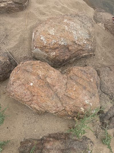 The image shows a close-up view of several large, rough-textured rocks partially embedded in sand. The rocks are primarily reddish-brown and gray, with some lighter mineral deposits. The sand is a light tan color and appears dry. There are a few small, dry grass stems and some sparse green weeds growing around the rocks. The scene is outdoors and appears to be a natural landscape, possibly a beach or a rocky terrain. There are no people or visible signs of human activity other than the rocks themselves, which could have been shaped or placed by natural processes. The lighting suggests it is daytime.