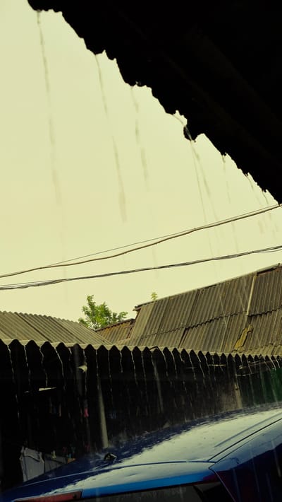 An outdoor, low-angle, medium shot captures a rainy scene. In the foreground, the dark blue, glossy surface of a car roof reflects the surrounding environment, dotted with raindrops. Behind the car, corrugated metal roofs of several structures stretch horizontally across the frame, some showing wear and tear. A dark, serrated overhang is visible in the lower portion of the image. In the mid-ground, telephone wires traverse the overcast, pale yellow sky. A small green tree with visible leaves peeks out from behind the corrugated roofs. Vertical streaks of rain are visible against the sky. The scene appears to be an urban or semi-urban environment in Troițcoe, Moldova, characterized by modest architecture and overhead utility lines. No people are visible.