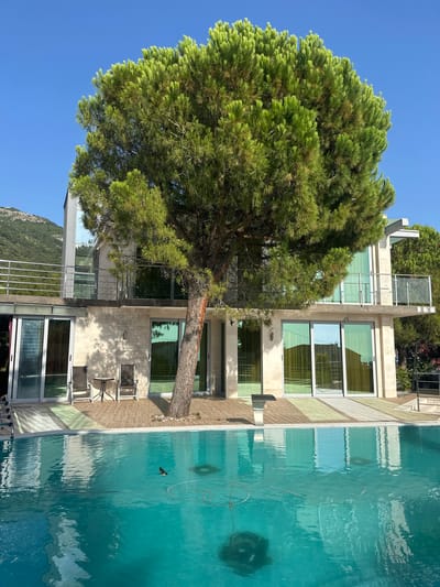 A tranquil scene unfolds in Brca, Montenegro, where a modern, multi-story house, constructed with stone and glass, stands majestically beside a sparkling turquoise swimming pool. The house features large glass windows that reflect the lush green surroundings and the clear blue sky. A mature pine tree, its branches reaching out like welcoming arms, is a prominent feature in the foreground, casting dappled shadows on the tiled patio. Two lounge chairs and a small table are placed on the patio, inviting relaxation. The swimming pool, with its smooth surface, mirrors the house and the sky, with a pool cleaning hose visible submerged in the water. In the distance, rolling green hills rise against the backdrop of a cloudless sky. The overall atmosphere is one of serene luxury and peaceful retreat.