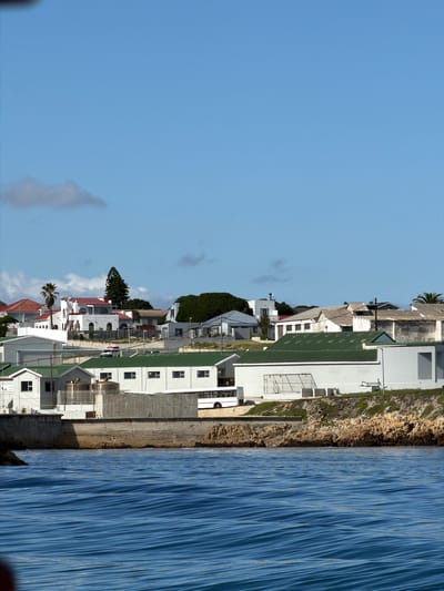 This image depicts a scenic coastal town or village under a clear, bright blue sky, with a few wispy clouds. The view is dominated by a cluster of white and light-colored buildings, many featuring green or reddish-brown roofs, nestled along a rugged, elevated coastline. Various trees, including prominent palm trees and other lush greenery, are interspersed among the structures.
In the foreground, a vast expanse of vibrant blue water shows distinct ripples and textures, suggesting either a calm sea or a large bay. A natural, brown rocky cliff face forms a demarcation line between the built-up area and the water. At the base of the cliff and adjacent to some of the lower buildings, a concrete walkway or dock-like structure is visible along the water's edge.
The scene appears to be set during the day, with clear weather and ample sunlight illuminating the landscape. There are no discernible people or specific activities taking place, presenting a tranquil, static view of the coastal environment. The architecture and natural elements align with a typical coastal settlement, identified by the context as Overstrand Local Municipality, South Africa. Faint, mostly illegible text, possibly "GRAND C..." is visible on a sign on one of the lower buildings.