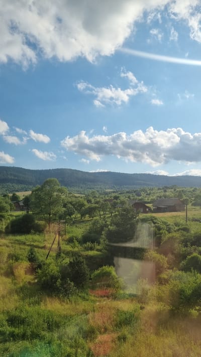 The image depicts a rural landscape in Rozluch, Ukraine, on a sunny day with scattered clouds. The foreground is dominated by tall, lush green grass and vegetation, with some areas showing a reddish-brown hue. A wooden utility pole stands prominently in the middle ground. Beyond the immediate foliage, a cluster of trees, some appearing to be fruit trees, dots the landscape. Several houses with dark-tiled roofs are visible, nestled among the trees. In the background, rolling hills covered in dense green forest rise towards a bright blue sky. A faint sunbeam cuts across the sky, adding to the serene atmosphere. The overall scene conveys a sense of tranquility and rural life.