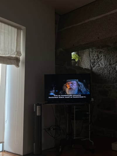 The image depicts an indoor corner of a residence in Oliveira de Frades, Portugal, characterized by a juxtaposition of modern and rustic architectural elements. On the left, a light-colored wall features a window equipped with a striped, off-white Roman blind, partially raised to reveal a bright exterior. To the right, a dark, textured stone wall, composed of large, irregular blocks, extends from floor to ceiling. This stone wall contains a small, deeply recessed aperture, through which green plant foliage and a white ceramic vessel are discernible.

A flat-screen television is centrally positioned, resting on a dark, carved wooden pedestal stand. The screen displays a scene from "Harry Potter and the Goblet of Fire," featuring Albus Dumbledore (Michael Gambon) mid-speech, wearing glasses and a dark hat, with a long white beard. Subtitles at the bottom of the screen read: "Only an exceptionally powerful Confundus Charm could've hoodwinked it." Below the television, on a lower tier of the stand, several electronic devices are connected by a visible tangle of black and colored cables. To the immediate left of the TV stand, a tall, slender, dark grey tower fan stands on the floor. No individuals are present within the room.