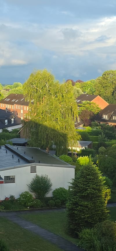 This image depicts a residential area in Seevetal, Germany, characterized by a dense arrangement of houses and abundant greenery. The scene is captured from an elevated perspective, likely a window or balcony, looking out over rooftops and trees. In the foreground, a white building with a dark, flat roof is prominent, featuring a small window with a grid pattern and ventilation grates. Adjacent to this building is a mowed lawn with a dark, paved pathway leading through it.
Dominating the mid-ground is a large, mature tree with drooping branches, its leaves illuminated by sunlight, casting a shadow. Behind this tree, several houses with dark, pitched roofs and brick facades are visible. Further in the background, a vast expanse of lush green trees and bushes suggests a well-established neighborhood with extensive landscaping. The sky above is partly cloudy, with patches of blue and gray clouds, indicating variable weather conditions. The overall impression is one of a suburban or semi-rural setting, with a strong emphasis on natural elements integrated into the built environment. No people are clearly identifiable in the image.