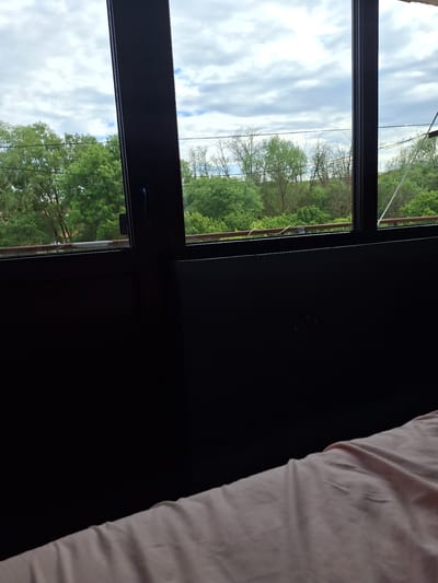 A low-angle, indoor shot shows a window with a view of trees and a cloudy sky. The window frame is dark. To the right of the window frame, a portion of a light pink or peach-colored fabric is visible. The image is oriented such that the sky and trees appear to be on their side. The location is Aldomirovtsi, Bulgaria.