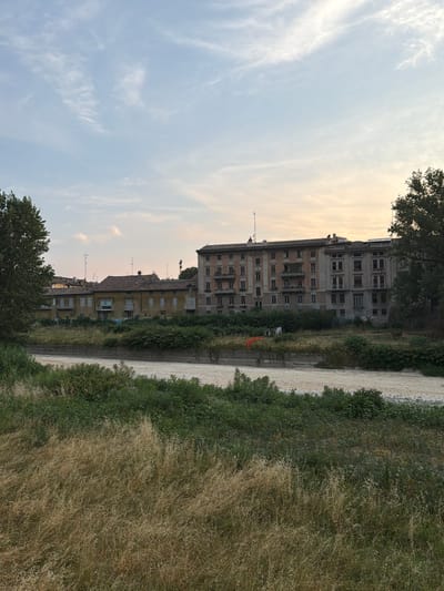 The image captures a serene urban scene in Parma, Italy, likely during the late afternoon or early evening, as indicated by the soft, warm light bathing the sky and buildings. The sky is a pale blue, streaked with wispy white clouds, suggesting fair weather.
The primary subjects are several multi-story apartment buildings, characterized by their weathered facades and numerous windows. One larger building, taller and seemingly older, stands at the back, while a row of slightly shorter, similarly styled buildings runs along the foreground. These buildings appear to be residential, with balconies and window frames suggesting a lived-in, urban environment.
Adjacent to the buildings is a waterway, likely a canal or river, with light-colored, perhaps sandy or gravelly banks. The water itself is a pale, diffused color, reflecting the sky and surroundings. The edge of the waterway is lined with lush green vegetation, a mix of trees and bushes, which creates a natural buffer between the urban structures and the water.
On the right side of the image, a dense field of tall, dry grass dominates, its golden-brown hues contrasting with the green foliage and urban elements. This suggests an area that might be a park, a neglected green space, or the natural embankment of the waterway.
There are no discernible people or overt activities taking place. The scene evokes a sense of calm and quietude, typical of a peaceful moment in a European city. The architectural style of the buildings hints at a historical context, common in Italian cities. There is no visible text in the image.