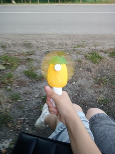 A person's hand holds a yellow pineapple-shaped fan with a green leafy top. The person is wearing a light blue denim skirt and white sneakers. They are seated in what appears to be a public area with a road and grassy ground visible in the background. The scene is captured outdoors in what is identified as Elizaveta, Moldova.