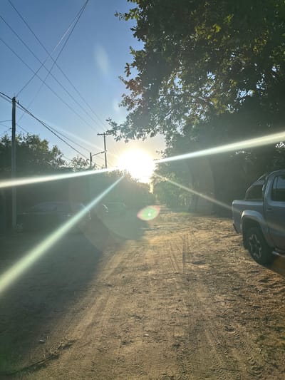 A sunny rural scene with a dirt road marked by tire tracks. Utility poles and power lines reach into a bright, blue sky. Trees frame the image on the left and overhead, while a parked pickup truck sits on the right edge. Sunlight creates a strong glare obscuring some details.