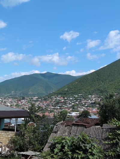 The image depicts a panoramic view of a town nestled at the base of lush green mountains under a bright blue sky dotted with white clouds. The town is densely populated with numerous houses, most featuring red-tiled roofs, giving it a uniform appearance. In the foreground, several rooftops of residential buildings are visible, some appearing aged with corrugated metal roofing and others with more traditional tile coverings. A few trees are interspersed throughout the scene, with foliage reaching up towards the sky. The architectural style of the houses and the natural landscape suggest a location in a mountainous region. The scene appears to be a residential area, possibly in the city of Şəki, Azerbaijan, given the mountainous backdrop and the architectural elements often found in such regions. There are no people or animals visible in the frame, and no discernible actions or interactions are taking place. The focus is on the town and its surrounding environment.