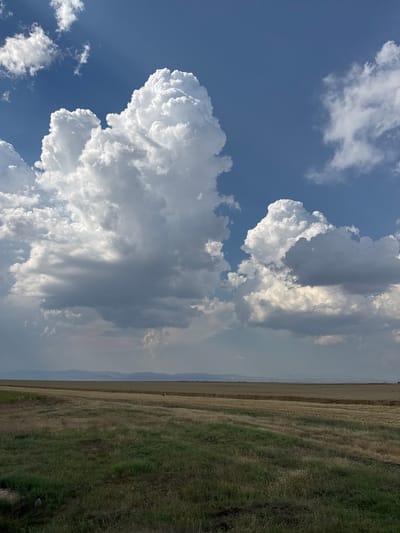 This media file captures a dramatic sky over a rural landscape in Daskal-Atanasovo, Bulgaria. The primary subjects are the sky, filled with large, billowing cumulus clouds, and a field of dry grass and green vegetation.
The clouds are a dominant feature, with one particularly large formation on the left displaying bright white, sunlit peaks against a deep blue sky. To the right of this, the clouds transition to darker, more shadowed tones, suggesting an approaching storm or significant atmospheric activity. Scattered smaller clouds are also visible throughout the sky.
The lower portion of the image shows a field. The majority of the field appears to be covered in dry, straw-colored grass, indicating it may be late summer or early autumn, or that the crop has been harvested. In the foreground, there is a strip of vibrant green grass. The horizon line is visible in the distance, where the field meets a hazy mountain range under the cloud-laden sky. A faint, almost imperceptible dark shape is visible in the field, which may be a distant vehicle or animal, but it is too indistinct to identify clearly.
The scene evokes a sense of raw, natural power and the vastness of the sky. The contrast between the bright, illuminated clouds and the darker, shadowed ones suggests a dynamic weather system. The time of day appears to be afternoon or late afternoon, given the angle of the light on the clouds. The location cues of a field and distant mountains are consistent with a rural Bulgarian setting. There is no visible text in the image.