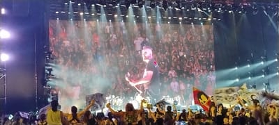 This image captures a vibrant night-time music concert, likely in Tolosa, Argentina, as indicated by the location context. The central focus is a massive LED screen on a concert stage, displaying a close-up of a male performer. He has short, styled hair with faded sides and a beard, wearing a dark t-shirt with a red design, and is holding an electric guitar. Behind him on the screen, a drum kit and other stage equipment are faintly visible.
Above and around the screen, bright stage lights pierce through atmospheric haze or smoke, creating dramatic beams of light. Below the screen and extending into the foreground is a large, energetic crowd of concert-goers. Many audience members have their hands raised in excitement, some holding up mobile phones to record the event. Several large flags and banners are visible among the crowd; one prominent flag is red and yellow with a black, stylized symbol, while others are white with dark, indistinct graphics or text. The overall scene conveys a high-energy atmosphere, with the audience fully engaged in the performance. The time of day is clearly night, characterized by the artificial stage lighting. No specific weather conditions are discernible, but the setting appears suitable for a large-scale outdoor event.
