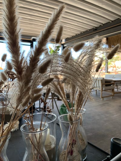 In Peguera, Spain, a close-up shot focuses on a bouquet of dried pampas grass and other decorative dried plants arranged in glass vases on a dark, textured surface. The vases are filled with sand and some dried floral elements. In the background, blurred out, is an outdoor seating area with light-colored furniture and a retractable roof structure, suggesting a cafe or restaurant. The lighting indicates it's daytime, with natural light filtering through the roof. No people are clearly visible in the foreground or midground.