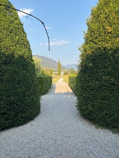 The image depicts a path in the city of Balerna, Switzerland. The path is made of light-colored gravel and is flanked by two tall, manicured evergreen trees on either side. Beyond the trees, the path leads towards a distant structure or entrance, hinted at by a white object visible in the background. The path is bordered by a neatly trimmed green hedge on the left and a row of smaller green bushes on the right. In the distance, a mountain range with a town nestled at its base is visible under a clear blue sky with a few scattered white clouds. The overall scene conveys a sense of serene, well-maintained landscaping.