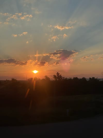 An outdoor, vertical, eye-level shot captures a sunset over a rural landscape, likely in Balabanu, Moldova. The sun, a bright orb of light, is partially obscured by clouds and casts a warm orange glow across the sky. Sunbeams radiate outwards, creating a dramatic effect. The foreground is dominated by dark silhouettes of trees and vegetation, with a hint of a road or path in the lower right corner. The sky transitions from a pale blue at the top to a vibrant orange near the horizon, with scattered clouds tinged with pink and gold. The scene is devoid of any human presence or visible structures, suggesting a natural and undisturbed environment.