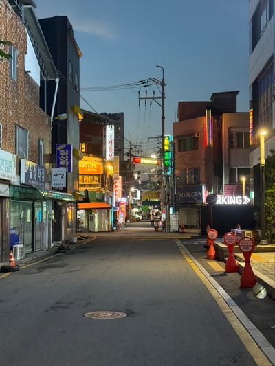 This image captures a street scene at dusk in Uijeongbu-si, South Korea. The street is lined with multi-story buildings housing various businesses, indicated by numerous illuminated signs with Korean text. The architecture suggests a dense urban environment. On the left side, a building with a textured facade and a modern awning is visible, alongside storefronts with illuminated displays. On the right, buildings are characterized by a mix of modern and older designs, with neon signs and streetlights casting a colorful glow on the street. Several parking cones, some with "no parking" signs in Korean, are placed along the right side of the road. A large illuminated sign for "PARKING" with a directional arrow is also prominent on the right. The street itself is paved, with some wet patches indicating recent rain. A manhole cover is visible in the foreground. The sky is a deep blue, transitioning into evening. The overall atmosphere is one of a lively commercial district as night begins to fall.