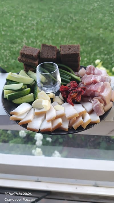 The image shows a platter of food items including sliced cured pork fat, pieces of raw pork, sun-dried tomatoes, garlic cloves, sliced cucumbers, green onions, and small cubes of dark bread. A clear shot glass is placed in the center of the platter. The platter is set on a surface in front of a blurred background of green grass. The image is timestamped "2026/07/24 20:24" and located in "Становое, Россия" (Stanovoe, Russia). The scene appears to be an outdoor setting, possibly a garden or patio.