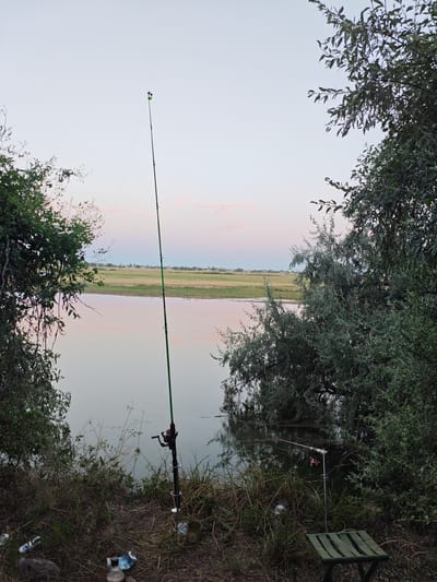 An outdoor scene depicts a body of water, possibly a river or lake, with lush green foliage on the left and right sides of the frame. A fishing rod with a reel is planted vertically in the ground near the water's edge. A small, foldable green stool is positioned to the right of the fishing rod, and several discarded cans are visible on the ground in the foreground. The sky displays a soft gradient of pink and pale blue, suggesting either sunrise or sunset. In the distance, across the water, there is a flat, green expanse of land dotted with a few buildings. The overall impression is one of a tranquil, natural setting, likely a popular fishing spot.
