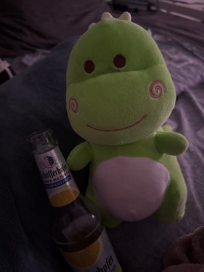 A green plush dinosaur toy is lying on a bed next to a partially visible bottle of Schöfferhofer grapefruit sparkling water. The toy is positioned on its side, with its head tilted slightly upwards. The bottle, with its label indicating "ALKOHOLFREI" (alcohol-free), is lying on its side in front of the toy. The background consists of a dark-colored blanket or bedding. The lighting in the image is dim, suggesting an indoor setting, possibly a bedroom. There are no people visible in the frame. The scene does not provide any specific information about the city of Breisach am Rhein, Germany, beyond the potential origin of the beverage.