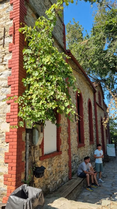 The image depicts the exterior of a stone building with red brick accents, likely a historical structure or church, located in the village of Palaios Panteleimonas, Greece. A lush green vine climbs up the left corner of the building, partially obscuring a white-boarded window and an electrical box. Two people are seated on a wooden bench in front of the building, one man and one woman, both appearing to be looking to their right. A young man stands further to the right, also looking to his right. Behind him, a sign with Greek text is visible, likely indicating a local establishment. The ground is paved with stone, and the scene is bathed in sunlight, suggesting a clear, daytime sky. The overall impression is one of a tranquil, rustic setting.
