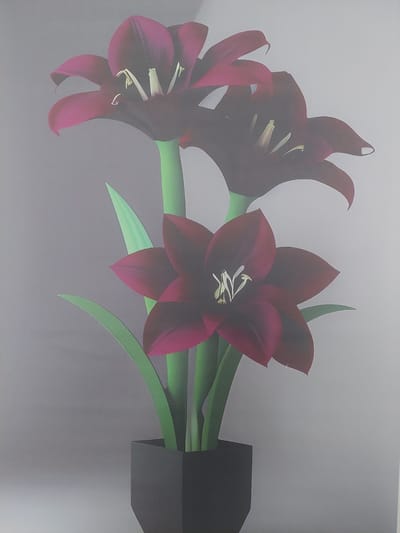 A painting depicts a cluster of three dark crimson lilies with yellow stamens emerging from a black square vase. The flowers are positioned against a gradient background, transitioning from a light gray at the top to a slightly darker gray at the bottom. The lilies are rendered with smooth, stylized petals, and the overall impression is one of elegant simplicity. The painting's location in Gusar, Azerbaijan is not discernible from the image itself.