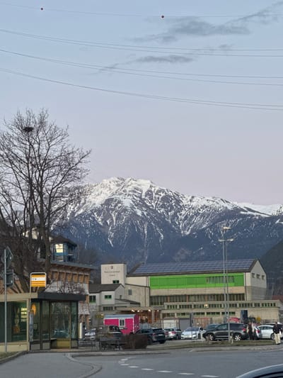 This image captures an outdoor scene in Lalden, Switzerland, set against a backdrop of snow-capped mountains under an overcast, light-gradient sky.

The upper portion of the frame features a pale blue to soft purple sky with multiple parallel power lines stretching horizontally; two red spherical markers are affixed to these lines in the upper left and upper right areas. The background is dominated by a range of rugged mountains, their upper elevations covered in snow, with darker, possibly forested or rocky slopes at lower altitudes.

In the midground, a cluster of buildings is visible. A light-colored structure, bearing the inscription "Mehrzweckanlage Lalden," stands adjacent to a larger building with a distinct bright green facade section and a sloped roof entirely covered with photovoltaic panels. To the left of these structures, a small, multi-level building with a blue upper section and a light-colored roof is partially obscured by trees. A paved parking lot in front of the primary buildings contains numerous parked passenger vehicles of various colors and models. A bright pink, rectangular trailer or container is situated within this parking area. Several individuals are present in the parking lot; one person walks towards the right side of the frame, while others are less clearly discernible standing or interacting.

The immediate foreground on the left side features a leafless deciduous tree with a prominent bird's nest situated in its upper branches. Below the tree, a bus stop is visible, characterized by a yellow information sign and a transparent glass shelter. A paved road segment with white dashed markings occupies the lower center of the frame, indicating a road intersection or turning area. Streetlights are present near the parking facilities. The lighting conditions suggest late afternoon or early evening during late winter or early spring.