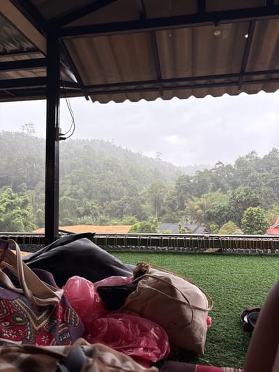 The scene depicts an outdoor landscape viewed from a sheltered structure in Ban Paem Bok, Thailand. The upper portion of the image shows the interior corrugated roof and dark metal support beams. A dark vertical pillar with attached wiring is visible on the left. The foreground consists of an artificial green turf floor on which several items are placed: a large, dark fabric object, multiple pink plastic bags, a light-colored canvas tote bag, and a purple bag with an elaborate pattern. A human limb and a pair of black sandals are partially visible on the far right. A horizontal railing, appearing to be constructed from dark, interwoven material, spans the lower mid-ground.
Beyond the railing, a dense, lush tropical forest covers a series of hills and mountains under an overcast, grey sky. Rain is actively falling, creating visible streaks in the air and obscuring distant details. A patch of golden-brown agricultural land, consistent with a rice field, is situated within the forested terrain on the mid-left. Two residential rooftops with dark tiles are discernible below the treeline on the mid-right side of the image. The distant mountain range is veiled by the precipitation and atmospheric haze.