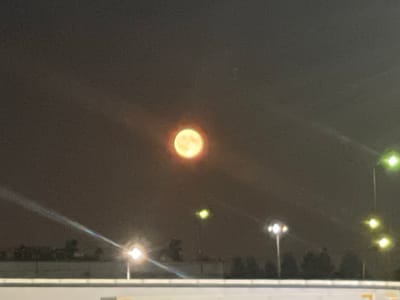 The image shows a full moon, illuminated with a warm, orange hue, against a dark, hazy sky. The moon appears to be low in the sky, possibly near the horizon. In the foreground, a faint, blurred line of lights stretches across the bottom of the frame, suggesting a road or cityscape at night. There are also several other lights in the middle ground, some appearing as bright orbs and others as streaks of light, possibly from streetlights or vehicles. The overall impression is one of a nocturnal scene in a semi-urban or rural environment, with the moon being the dominant celestial feature. There is no discernible information about the specific location in the city of Veshki, Russia.