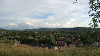 This is an eye-level, wide-angle, outdoor shot of a village in Uruekanoe, Indonesia. The foreground features dry, golden grass. In the middle ground, a cluster of houses with red and grey roofs are nestled amongst lush green trees. The background consists of rolling hills covered in dense foliage and a sky filled with dramatic, white clouds. The time of day appears to be late afternoon, based on the soft lighting. No people or animals are visible in the frame.