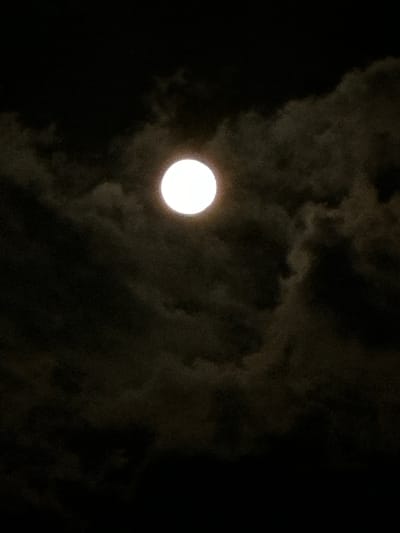 The image shows a full moon in a dark sky, partially obscured by clouds. The moon is a bright, white circle in the center of the frame. The clouds are dark and wispy, creating a moody and atmospheric effect. The image appears to have been taken at night, likely from an outdoor location. There is no indication of the city of Izobilnyy, Russia, or any specific details that would place the image in that location.