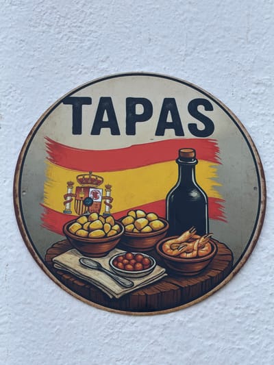 A round, rustic metal sign advertising "TAPAS" is prominently displayed against a textured, white wall, likely in Peníscola, Spain. The sign's design features the word "TAPAS" written vertically in large, dark capital letters along the left side. The background of the sign showcases the colors of the Spanish flag – red, yellow, and red – rendered with a brushed or painterly effect, giving them a dynamic, slightly worn appearance.
Illustrations on the sign depict various elements associated with Spanish cuisine. A dark bottle, likely containing wine, is positioned horizontally across the flag colors. Surrounding the bottle are several small, wooden, barrel-like bowls filled with different tapas ingredients: one bowl contains peeled shrimp, another holds what appear to be yellow olives or small roasted potatoes, and a third bowl contains red, berry-like items or small red olives. Below these, a neatly folded napkin with a simple spoon rests, suggesting an invitation to dine. A detailed rendition of the Spanish coat of arms is also visible within the yellow band of the flag, adding to the nationalistic theme.
The sign itself has a worn, slightly rusted brown edge, suggesting age or a deliberate antique finish. Small holes are visible near the top and bottom edges, indicating it is designed to be hung. The white wall behind the sign has a rough, stucco-like texture. No specific activity is taking place; the sign serves as a decorative or promotional item for a tapas bar or restaurant. The lighting is even, suggesting an indoor setting or an overcast day outdoors, with no strong shadows or direct sunlight.