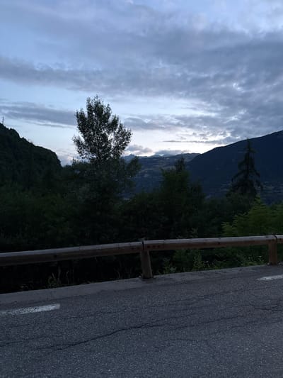 This is a horizontal, medium-distance shot of a road and a forested mountain landscape under a cloudy, twilight sky. The foreground is dominated by a cracked asphalt road with a white line painted on the left side. A rustic wooden guardrail, made of several horizontal logs supported by vertical posts, runs along the edge of the road. Behind the guardrail, dense green foliage and trees fill the midground, obscuring the ground below. In the background, dark, tree-covered mountains rise up, their peaks disappearing into the hazy sky. The sky itself is filled with layered, gray clouds, with hints of a lighter horizon peeking through in the distance. The overall impression is a rural, natural setting at dusk. The image location is identified as being in the city of Sainte-Foy-Tarentaise, France. There are no people, animals, or distinct actions depicted in the scene.