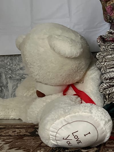 The image shows a close-up of a white teddy bear lying down. The teddy bear has a red ribbon tied around its neck. On the bear's chest, embroidered in brown thread, is the phrase "I Love You" inside a stitched heart outline. The bear is positioned on a surface that appears to be a white cloth or sheet. In the background, parts of patterned fabric and a dark green material are visible, suggesting the bear is part of a display or gift arrangement. The lighting is soft, indicating it might be indoors, possibly during the daytime. There are no people visible in the frame.