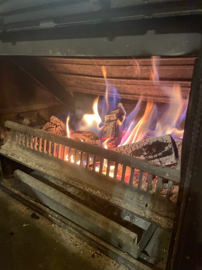 Within an enclosed fireplace, located in Palež, Montenegro, multiple wooden logs are actively combusting. The fire displays bright yellow and orange flames with distinct blue sections, emitting light that illuminates the immediate interior of the firebox. The logs rest on a horizontal metal grate, which features vertical bars in the foreground. Below the grate, an ash pan or drawer mechanism is visible, containing a minimal amount of light-colored ash and dark debris. The interior surfaces of the fireplace are dark, likely metallic or stone, showing signs of soot and heat exposure. No individuals are present in the scene.