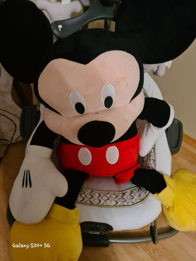 A large plush toy of Mickey Mouse is sitting in a white and gray baby bouncer. The Mickey Mouse toy is wearing his iconic red shorts with white buttons, and white gloves with black fingernails. His feet are bright yellow. The baby bouncer is on a wooden floor. The background is a beige wall and a brown upholstered chair. The scene is indoors. There are no people visible in the image. The location of Woodburn, United States of America, is not determinable from the image.