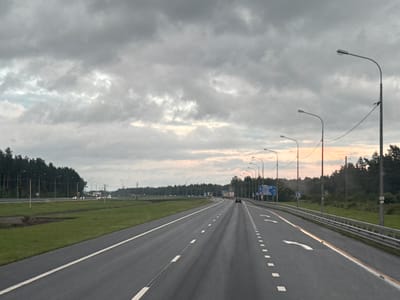 The image depicts a highway scene with a grey, cloudy sky. The highway curves to the right, with multiple lanes of asphalt road marked by white lines. On the left side of the road, there is a grassy embankment with a line of streetlights and trees. On the right side, there is a metal guardrail separating the road from more grassy areas and a dense forest. Several vehicles, including cars and trucks, are visible on the highway in the distance. Streetlights are also visible along the right side of the road. The overall atmosphere is overcast, suggesting a potentially damp or cool day. The location is identified as a highway near the city of Priladozhsky, Russia.