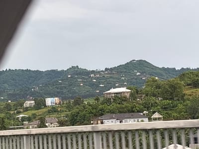 This is an outdoor, eye-level, medium shot of a landscape in Chakvi, Georgia, on a cloudy day. In the foreground, a gray metal railing covered in green ivy runs horizontally across the bottom of the frame. Behind the railing, several buildings are visible. The closest building is a long, low structure with a dark roof and white-trimmed windows. To its right is a small, white gazebo with a pointed roof. Further back, more houses are scattered on a green, tree-covered hillside. One house, a two-story white building with a dark roof, sits prominently on the hillside. To the right of this house, a large billboard with colorful images is visible. In the background, lush green hills rise, dotted with more scattered houses and trees, culminating in a large, rounded mountain at the furthest distance. The sky is overcast and pale gray.