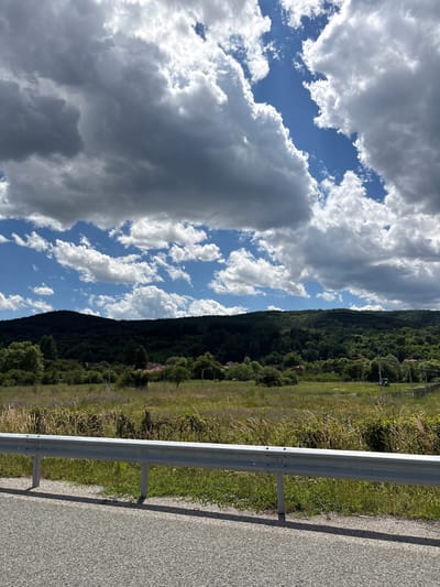 The image depicts a pastoral scene with a foreground of a road and guardrail, leading to a meadow with scattered vegetation and a distant forested hillside under a dramatic, cloud-filled sky. The setting is identified as being near Studena, Bulgaria, on a sunny day with a mix of light and shadow cast by the clouds.
In the foreground, a grey asphalt road occupies the bottom portion of the image, with a metallic guardrail running horizontally across it. The guardrail is supported by vertical posts and casts a distinct shadow on the road.
Beyond the road and guardrail, a grassy field extends into the middle ground. This field is a mix of green grass and dried stalks, with patches of low-lying purple wildflowers. Some sparse bushes and trees are visible in this area, along with what appear to be the remnants of a fence line and some tangled vines.
In the background, a densely forested hill rises, covered in a variety of green trees. The shape of the hill is undulating, and hints of red-tiled roofs of houses are visible nestled within the trees, suggesting a small village or scattered dwellings.
The sky dominates the upper half of the image. It is a vibrant blue, punctuated by large, dramatic clouds. Some of these clouds are white and puffy, while others are darker and more ominous, suggesting a dynamic weather system. The interplay of light and shadow from the clouds creates a textured and visually interesting sky. A green agricultural vehicle, possibly a tractor, is partially visible in the far middle-right of the image.