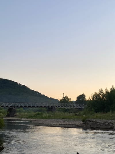 The image depicts a tranquil riverside scene at dusk in Khust, Ukraine. The primary subjects are a calm river flowing along the right side of the frame, a densely forested hillside on the left, and a metallic bridge or elevated structure stretching across the lower part of the scene. The sky above is a soft gradient of pale blue and warm yellow, suggesting the sun has recently set or is about to rise.
The river's surface is slightly rippled, reflecting the subdued light of the sky and the surrounding landscape. The hillside is covered in a lush green forest, with trees of varying heights creating a textured silhouette against the sky. The metallic structure, likely a bridge or an industrial conveyor, runs horizontally, its geometric form contrasting with the natural curves of the landscape. It appears to be constructed of interconnected metal beams and supports.
Along the riverbank, there are patches of rocks and vegetation, indicating a natural, untamed environment. A single dark object, possibly a small boat or debris, is visible in the water on the far right. The overall mood of the image is peaceful and serene, capturing a quiet moment in nature. The time of day is clearly twilight, with the low light casting a gentle glow over the scene. No text is visible in the image.
