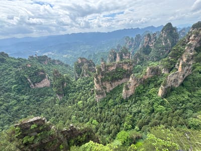 The image shows a landscape in Zhonghu, China, featuring tall, slender, sandstone pillars, interspersed with dense green forest. The rock formations have distinct layered structures and are partially covered in vegetation. Further in the distance, there are more mountain ranges in a hazy blue-gray color, extending towards the horizon. The sky is overcast with clouds. The scene is viewed from an elevated perspective, giving a wide, panoramic view of the landscape.