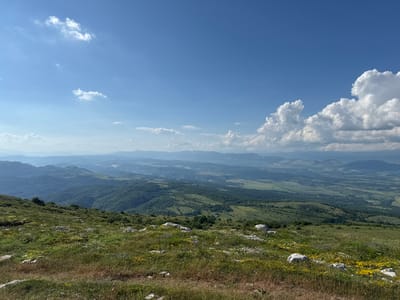 The image captures a vast landscape view from an elevated position, likely in the area of Dragoman, Bulgaria, under a bright, clear blue sky. The sky occupies approximately the upper two-thirds of the frame, featuring scattered white cumulus clouds, which become denser and more prominent on the right side. A faint white contrail is discernible in the upper left quadrant of the sky.
The foreground consists of a grassy hillside sloping gently downwards, characterized by a mix of vibrant green and drier, straw-colored patches. Numerous small, light-colored rocks and boulders are scattered across this terrain. Various wildflowers, primarily yellow and white, are interspersed throughout the grass.
The midground reveals a series of undulating hills and valleys, densely covered with green vegetation, including forested areas and open fields, suggesting a combination of natural and possibly agricultural landscapes. These topographical features extend horizontally across the frame, gradually receding.
In the background, multiple layers of distant mountains or hills are visible, appearing increasingly hazy and blue as they recede into the far distance, consistent with atmospheric perspective. No human figures, animals, or significant man-made structures are present in the immediate foreground or midground. The scene is illuminated by clear daylight, indicating sunny weather.