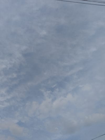 This is a vertical, full-frame photograph of a cloudy sky. The clouds are wispy and scattered, with patches of brighter sky peeking through. The overall color palette is muted blues and grays, suggesting an overcast or partly cloudy day. In the upper portion of the image, there are a few thin, dark lines that appear to be overhead wires, possibly for electricity or telecommunications.
There are no people, objects other than the wires, or discernible structures visible in the frame. The scene is entirely dominated by the sky. There is no specific activity or event taking place. The time of day is difficult to ascertain definitively due to the cloud cover, but the lighting suggests it is daytime. The weather appears to be mild and cloudy. No specific location cues are present in the image itself, beyond the broad context of the sky and overhead wires. There are no discernible emotions conveyed by the image; it is a neutral depiction of the sky. No visible text is present.