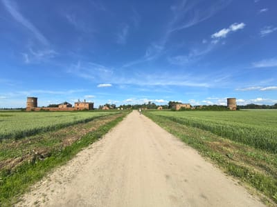 This image depicts a rural scene under a bright, blue sky with wispy white clouds. A dirt road stretches into the distance, flanked by lush green fields of wheat or a similar grain crop. On either side of the road, scattered among the fields, are several dilapidated brick structures, appearing to be old farm buildings or perhaps remnants of a larger estate. Two prominent round brick towers, one on each side of the road further in the distance, stand out against the horizon. A solitary figure, likely a person on a bicycle, is visible on the road in the middle distance, adding a sense of scale and human presence to the landscape. The overall impression is one of a serene, possibly abandoned, rural location, bathed in the bright light of daytime, suggesting fair weather. The presence of the old buildings and the vast open fields evokes a sense of history and perhaps a touch of melancholy or peaceful solitude.
