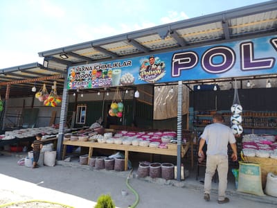 This image depicts an outdoor market stall in Amankutan, Uzbekistan, under a bright, sunny sky. The stall, covered by a corrugated metal roof supported by metal beams, displays a variety of food items and drinks for sale. In the foreground, a young boy in a striped shirt and dark shorts stands near several large sacks. A man in a light gray t-shirt and beige pants is walking away from the camera, towards the stall.
The stall itself features tables laden with produce, including what appears to be dried fruits, nuts, and round, white balls that could be a dairy product. Behind the tables, shelves are stocked with bottled drinks and jars. A prominent banner hangs above the stall with text in Uzbek, including "YAXNA ICHIMLIKLAR" (Cold Drinks) and "TABIIY QURUT" (Natural Dried Curd), alongside images of beverages and a muscular man holding the curd balls. The word "POL" is clearly visible in large, purple letters on the banner.
Hanging from the roof are colorful, ball-shaped decorations and several soccer balls suspended in a net. A green hose lies on the ground in front of the stall, suggesting a water source nearby. The overall scene conveys a bustling marketplace atmosphere, likely in the late morning or early afternoon given the strong sunlight and shadows. The setting appears to be a roadside market, common in the region.