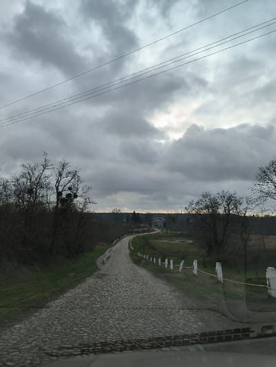 An exterior scene depicts a rural road in Khrinivka, Ukraine, viewed from a low vantage point, possibly from inside a vehicle due to the visible lower windshield or dashboard edge at the bottom. The central feature is a cobblestone road, winding to the left into the mid-ground. To the left of the road, a dense thicket of deciduous trees, currently bare of leaves, lines the path; some trees exhibit clumps of mistletoe. To the right of the road, a fence composed of regularly spaced white vertical posts connected by a horizontal line (possibly wire or rope) separates the road from a low-lying, partially inundated or marshy field. In the far background, beyond the trees and fields, several buildings are visible, including a multi-story structure with an identifiable roofline. The sky is largely overcast with heavy, dark grey clouds, although a brighter, diffused patch of light is evident in the upper right quadrant. Multiple parallel utility lines traverse the upper portion of the sky. No individuals, animals, or other vehicles are present in the visible portion of the scene. The overall lighting is dim, consistent with an overcast day in late autumn, winter, or early spring.