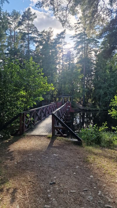 A wooden pedestrian bridge with red railings spans a dark body of water. The bridge deck is made of planks and is angled to the left. Behind the bridge, a small gazebo with a dark roof is visible on the far bank, near the water's edge. The surrounding environment is a forest with tall coniferous trees and lush green foliage. Sunlight filters through the trees, creating dappled shadows on the ground and the water. The ground in the foreground is a dirt path covered with fallen leaves and small stones. The scene appears to be a serene natural setting, likely a park or nature reserve. This location is the Ekenäs park in Vetlanda, Sweden.