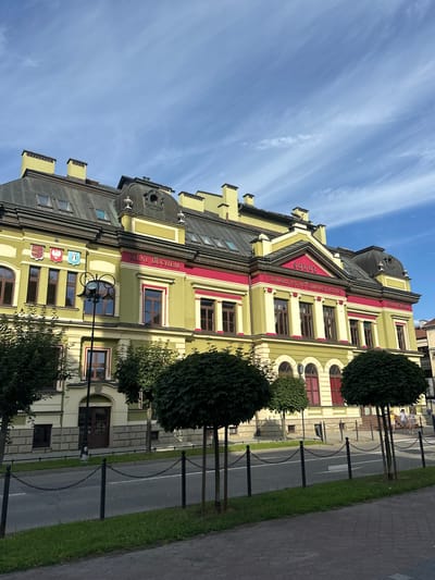 The image shows a building in Nowy Sącz, Poland, with the inscription "Sokół Towarzystwo Gimnastyczne" visible. The building is painted in light green and has red accents. The architecture features prominent chimneys, arched windows, and a domed roof section. In front of the building, there is a street with a sidewalk, green grass, and several trees, some of which are shaped into spheres. A chain fence separates the sidewalk from the street. In the background, two people are walking on the sidewalk. The sky is blue with scattered white clouds.