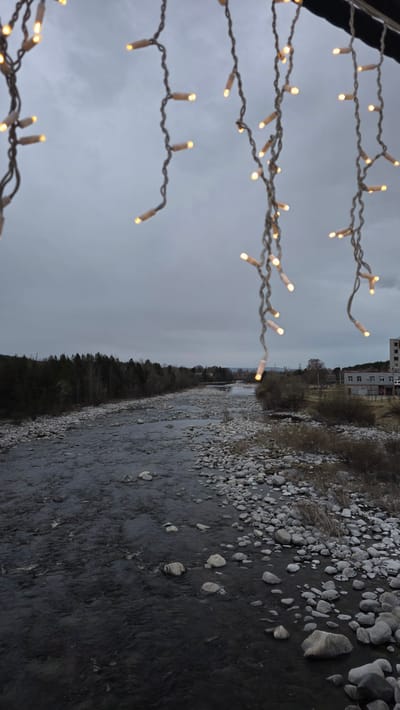 The image shows a river flowing through Kandalaksha, Russia. The riverbed is rocky, with stones of varying sizes visible along the banks and within the water. The water is dark, suggesting depth or low light conditions. The surrounding landscape includes a dense forest on one side of the river and a mix of vegetation and buildings on the other. The sky is overcast and gray, contributing to a somber atmosphere. A string of decorative lights is draped across the foreground, possibly indicating a bridge or an event space near the river.