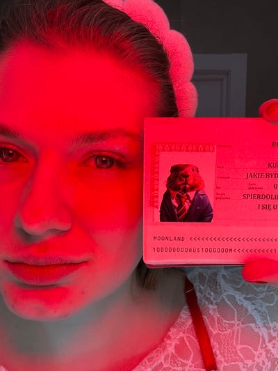 A person's face dominates the frame, intensely lit in red, with eyes open and lips slightly parted. A document, possibly a passport, obscures part of the forehead and displays text in a foreign language (possibly Polish). A smaller photograph on the document features a figure in a suit. Text on the document includes "MOONLAND" and a series of arrows followed by the characters "100000000RUS1000000M". A white, lacy fabric is visible in the upper right corner. The overall impression is surreal and intriguing, due to the red lighting and unusual composition.